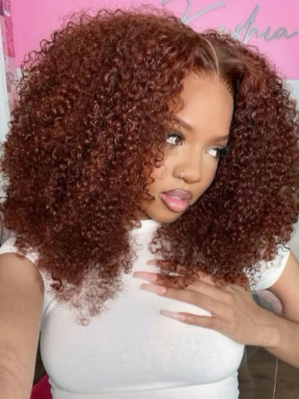 Wear & Go | #33 Reddish Brown Kinky Curly Pre-Bleached Glueless Wig Invisible Lace Wig Dome Cap Wigs