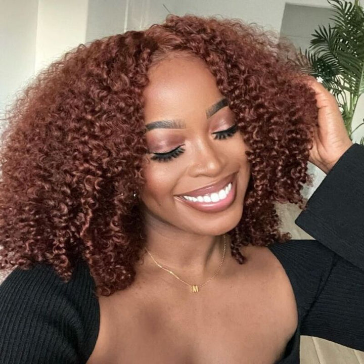 Wear & Go | #33 Reddish Brown Kinky Curly Pre-Bleached Glueless Wig Invisible Lace Wig Dome Cap Wigs