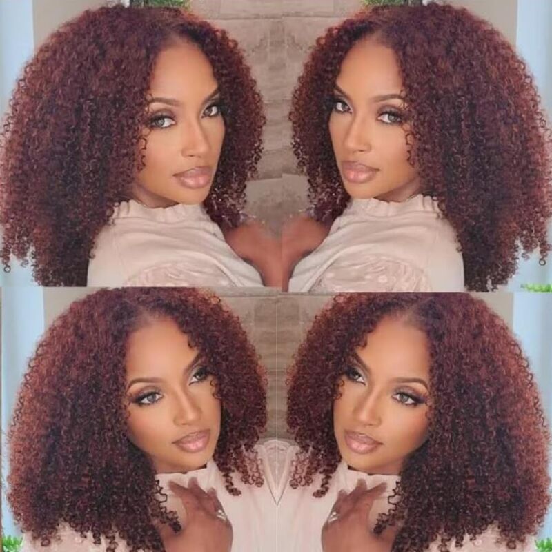 Wear & Go | #33 Reddish Brown Kinky Curly Pre-Bleached Glueless Wig Invisible Lace Wig Dome Cap Wigs