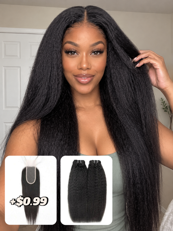 Kinky Straight Bundles 100% Virgin Human Hair Weave With 2x4 Lace Closure