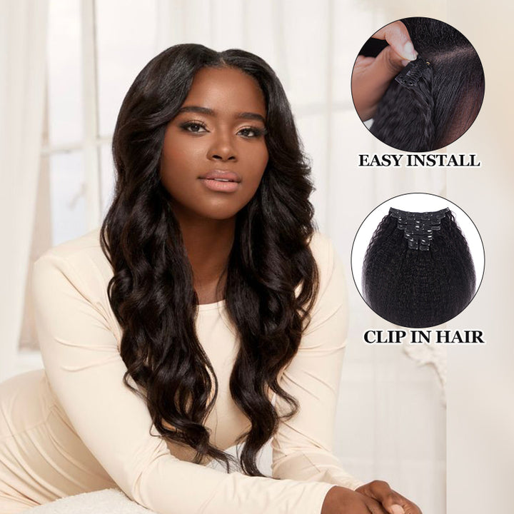 Fast Shipping | Kinky Straight Seamless PU Weft Clip In Hair Extensions 8pcs With 18 Clips