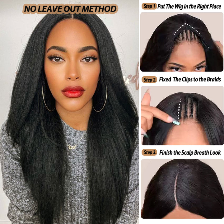 Kinky Straight V Part Wig No Leave Out Upgraded Yaki Straight V Part Wig 100% V Part Human Hair