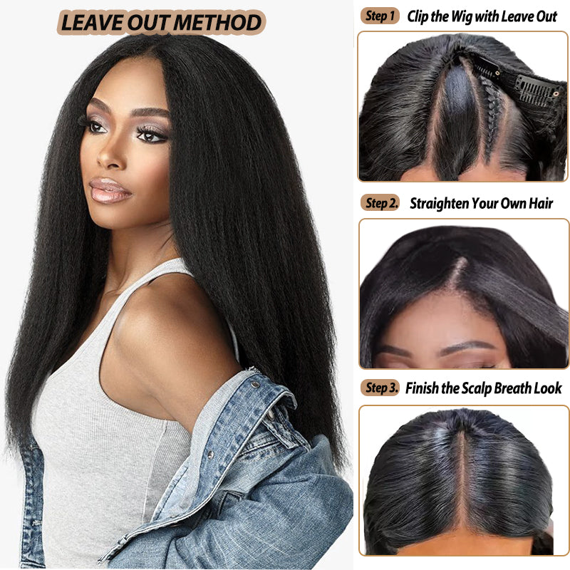 Kinky Straight V Part Wig No Leave Out Upgraded Yaki Straight V Part Wig 100% V Part Human Hair