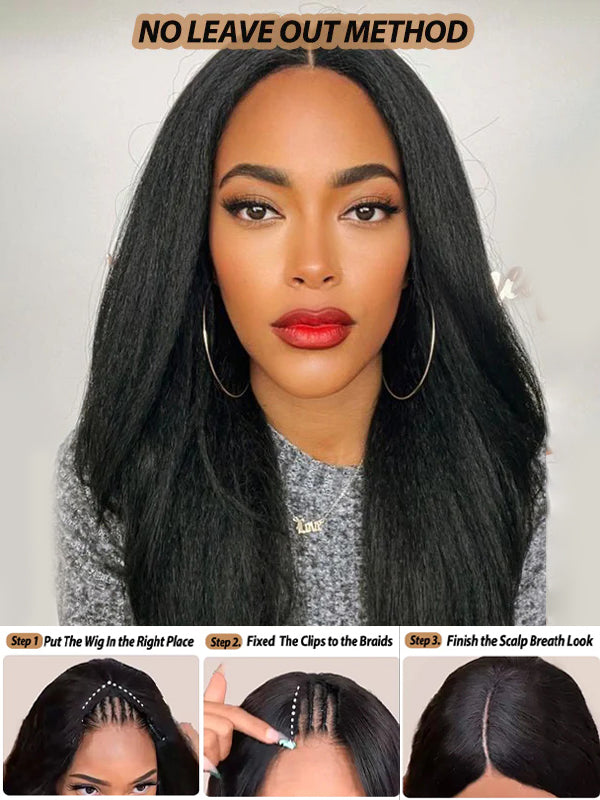 Kinky Straight V Part Wig No Leave Out Upgraded Yaki Straight V Part Wig 100% V Part Human Hair