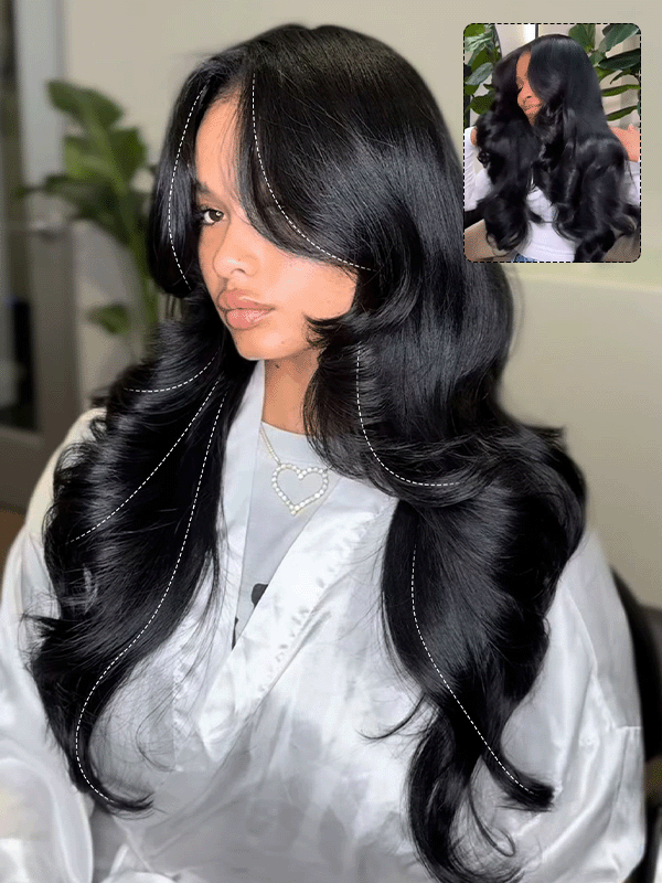 #1 Jet Black Layered Cut Body Wave 16"-34" 7x6/13x6 FULL Frontal Lace Human Hair Wig