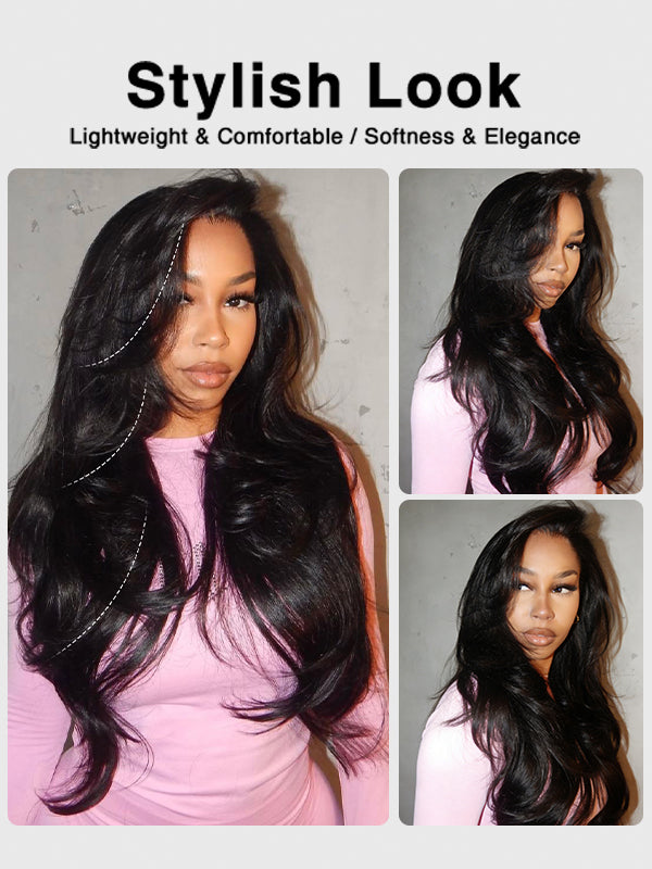 #1 Jet Black Layered Cut Body Wave 16"-34" 7x6/13x6 FULL Frontal Lace Human Hair Wig