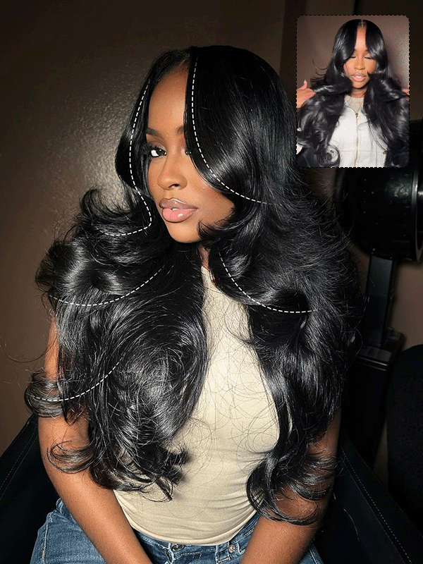 #1 Jet Black Layered Cut Body Wave 16"-34" 7x6/13x6 FULL Frontal Lace Human Hair Wig