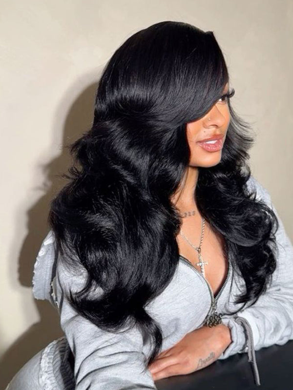 #1 Jet Black Layered Cut Body Wave 16"-34" 7x6/13x6 FULL Frontal Lace Human Hair Wig
