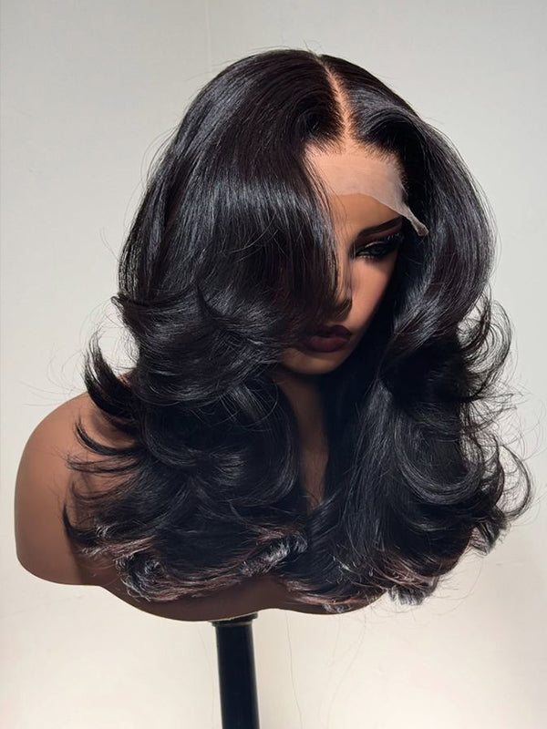 #1 Jet Black Layered Cut Body Wave 16"-34" 7x6/13x6 FULL Frontal Lace Human Hair Wig