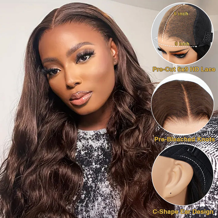 Wear & Go | #4 Chocolate Brown Pre-Bleached Body Wave Glueless Wig Invisible Lace Wig Dome Cap Wigs