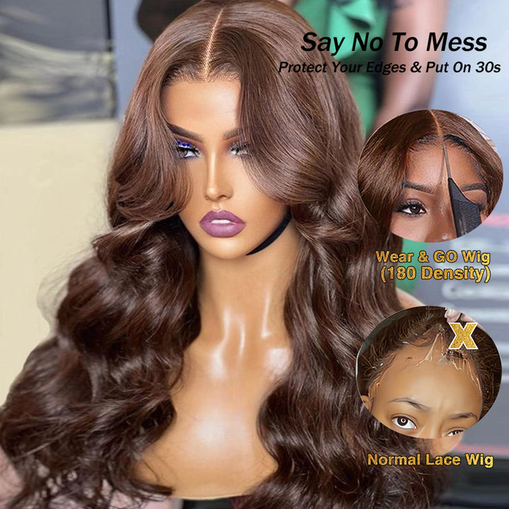 Wear & Go | #4 Chocolate Brown Pre-Bleached Body Wave Glueless Wig Invisible Lace Wig Dome Cap Wigs