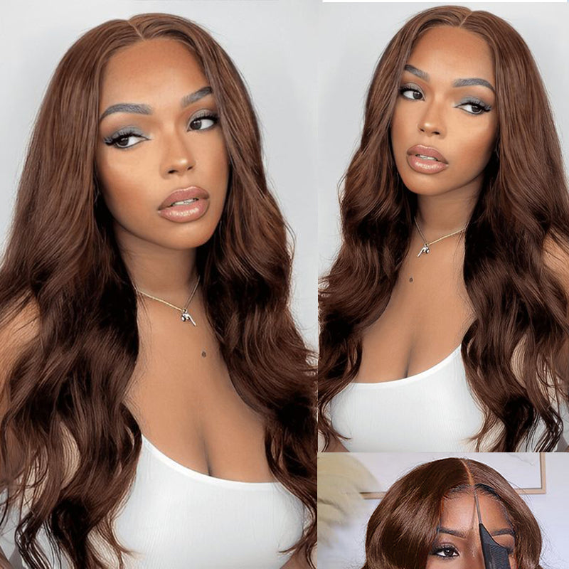 Wear & Go | #4 Chocolate Brown Pre-Bleached Body Wave Glueless Wig Invisible Lace Wig Dome Cap Wigs