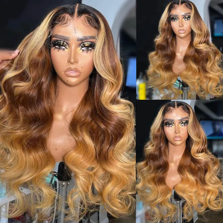 Ombre Blonde Lace Frontal Wig Human Hair Pre Plucked T1B/4/27 Body Wave Glueless Lace Front Wigs