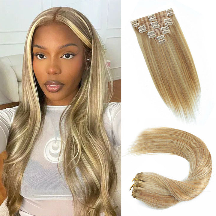 Colored Seamless Clip In Hair Extensions PU Weft Clip Ins 8pcs With 18 Clips