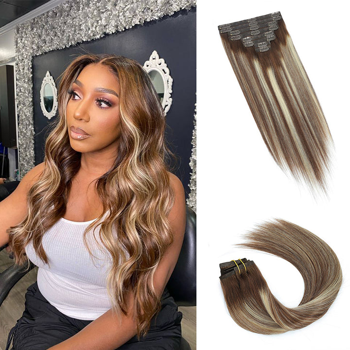 Colored Seamless Clip In Hair Extensions PU Weft Clip Ins 8pcs With 18 Clips