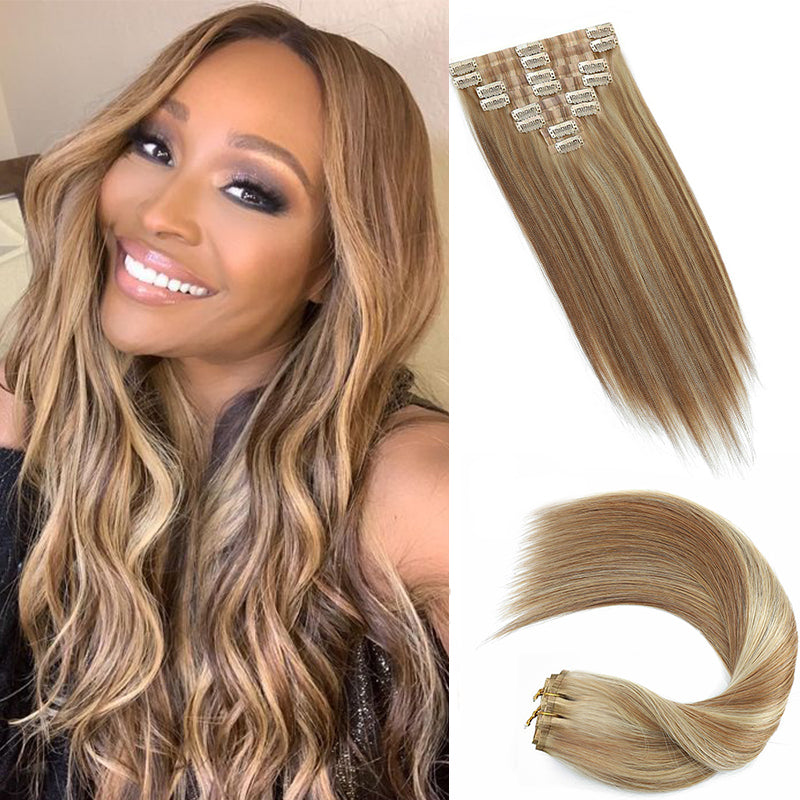 Colored Seamless Clip In Hair Extensions PU Weft Clip Ins 8pcs With 18 Clips
