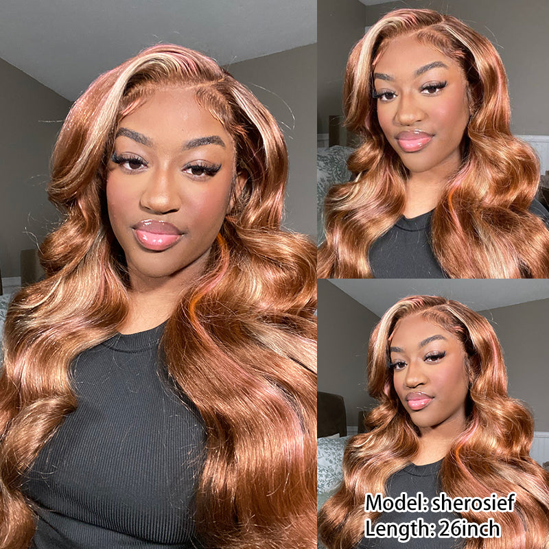 Pink Highlight On Brown Hair Blonde Skunk Stripe Body Wave Lace Human Wigs