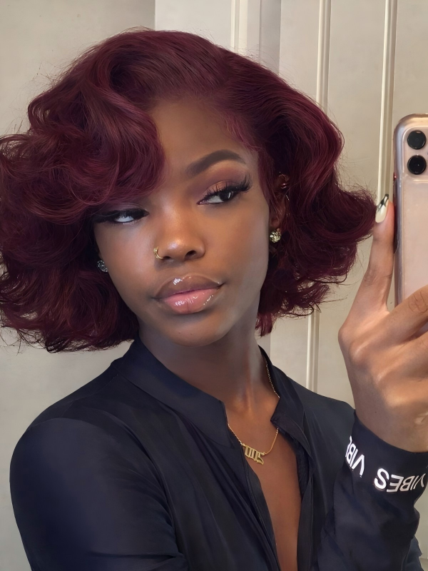 Pixie Cut Dark Burgundy Loose Body Glueless Wig Short Bob Human Hair Wigs