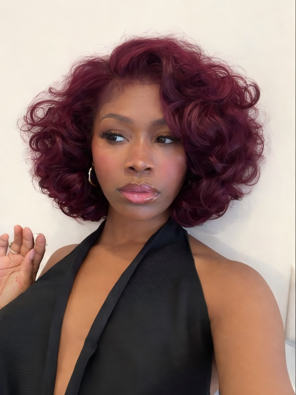 Pixie Cut Dark Burgundy Loose Body Glueless Wig Short Bob Human Hair Wigs