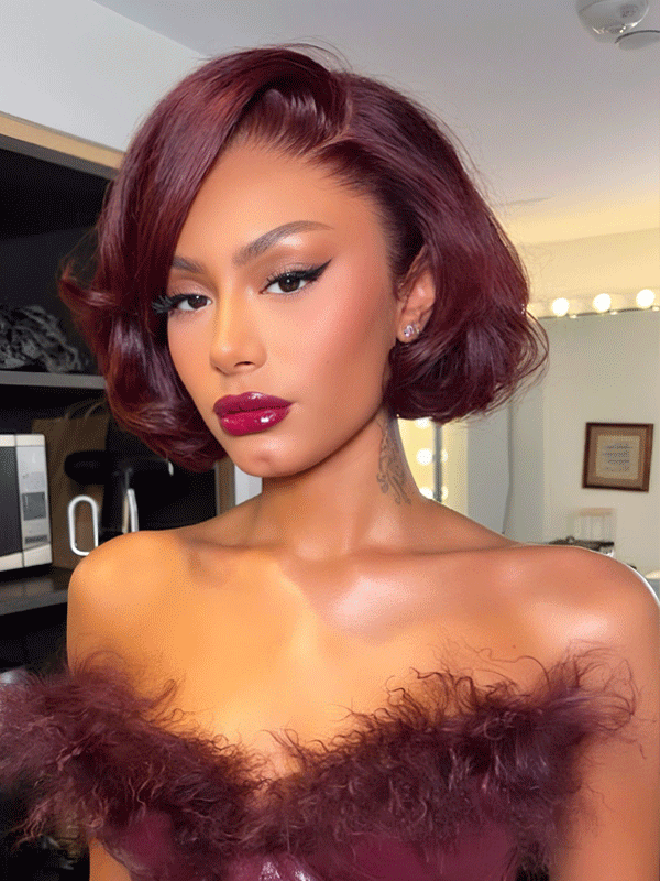 Pixie Cut Dark Burgundy Loose Body Glueless Wig Short Bob Human Hair Wigs