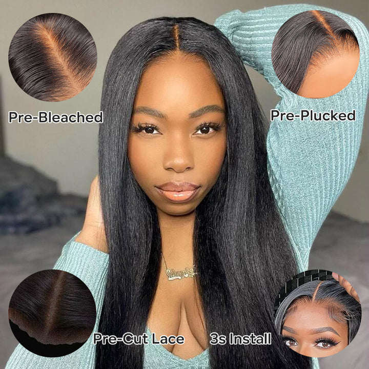 Wear & Go | Pre-Bleached Yaki Straight Glueless Invisible Lace Wig Dome Cap Wigs