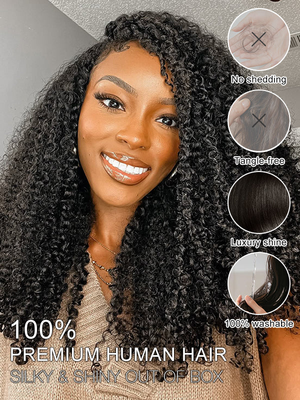 Pre-Seperated Feather Crochet Afro Kinky CurlyHuman Hair Extensions Kinky Coily for Black Women, Reusable Hair