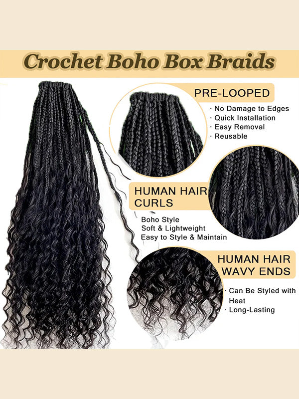 Pre-looped Crochet Human Hair Boho Box Braids Human Hair Curls Ends, Reusable Hair