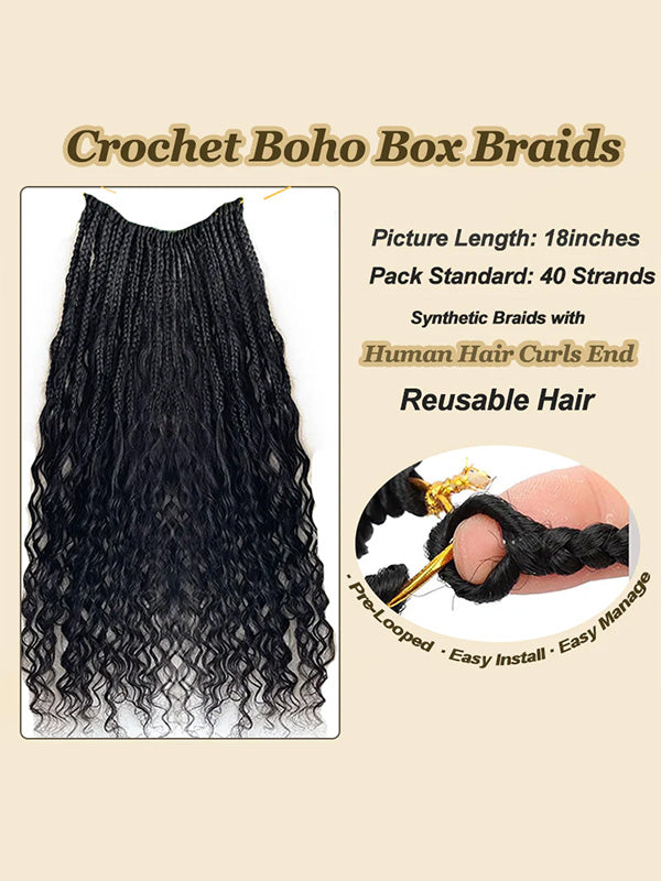 Pre-looped Crochet Human Hair Boho Box Braids Human Hair Curls Ends, Reusable Hair