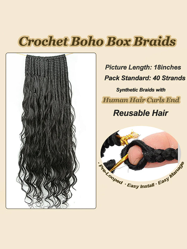 Pre-looped Crochet Human Hair Boho Box Braids Loose Deep Wave Human Hair Curls Ends, Reusable Hair