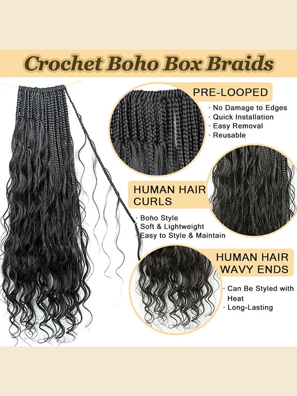 Pre-looped Crochet Human Hair Boho Box Braids Loose Deep Wave Human Hair Curls Ends, Reusable Hair