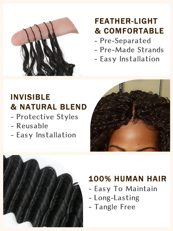 Pre-looped Feather Crochet Deep Wave Human Hair Extensions for Black Women, Reusable Braiding Hair