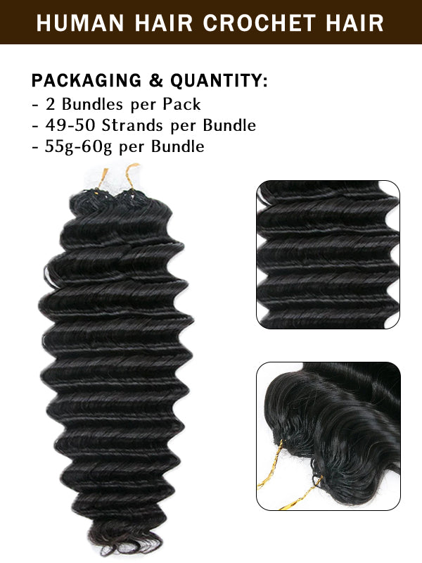 Pre-looped Feather Crochet Deep Wave Human Hair Extensions for Black Women, Reusable Braiding Hair