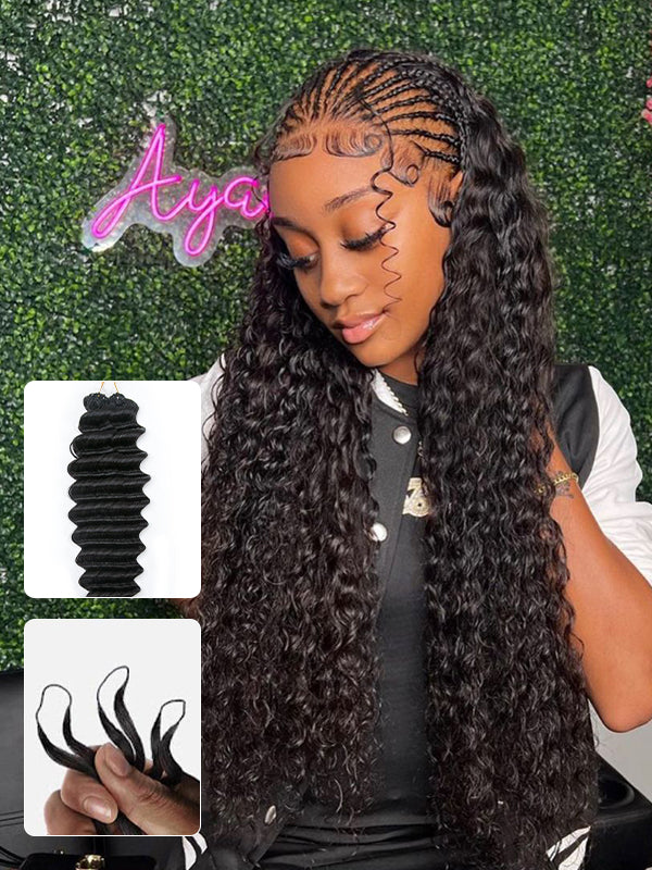 Pre-looped Feather Crochet Deep Wave Human Hair Extensions for Black Women, Reusable Braiding Hair