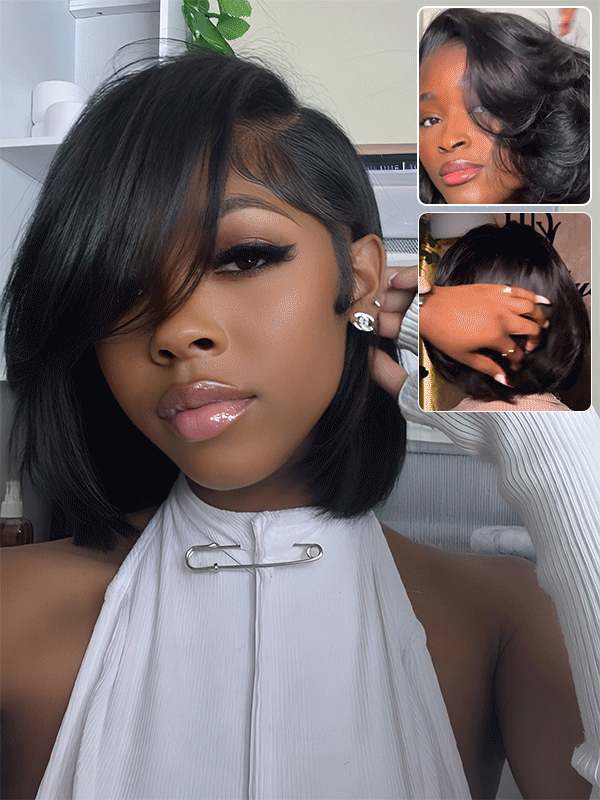 Pre Cut Lace Glueless Pixie Cut Silky Straight Natural Black Short Human Hair 8 Inch Bob Wig