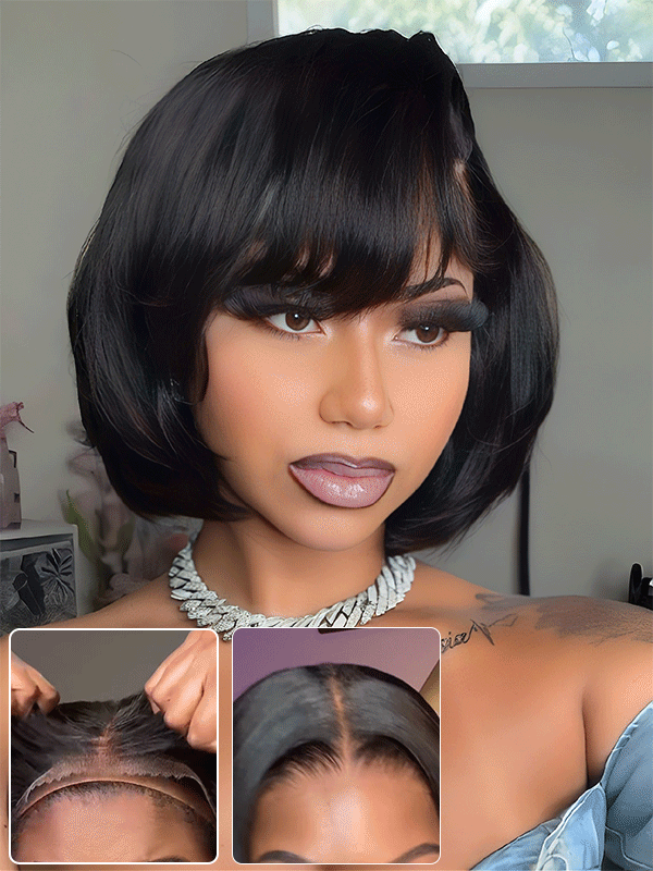 Pre Cut Lace Glueless Pixie Cut Silky Straight Natural Black Short Human Hair 8 Inch Bob Wig
