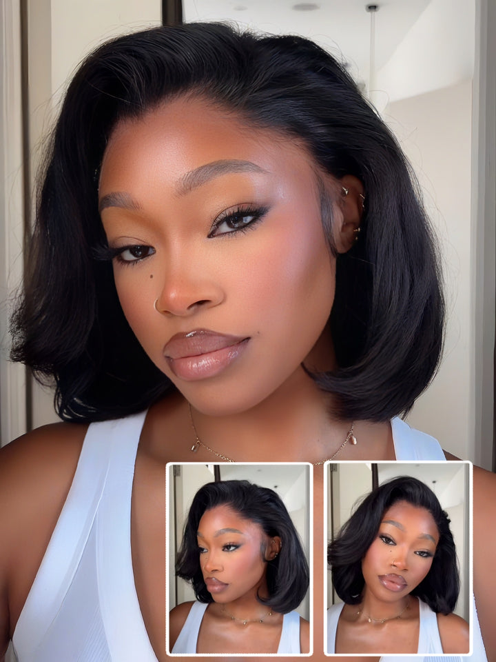 Pre Cut Lace Glueless Pixie Cut Silky Straight Natural Black Short Human Hair 8 Inch Bob Wig