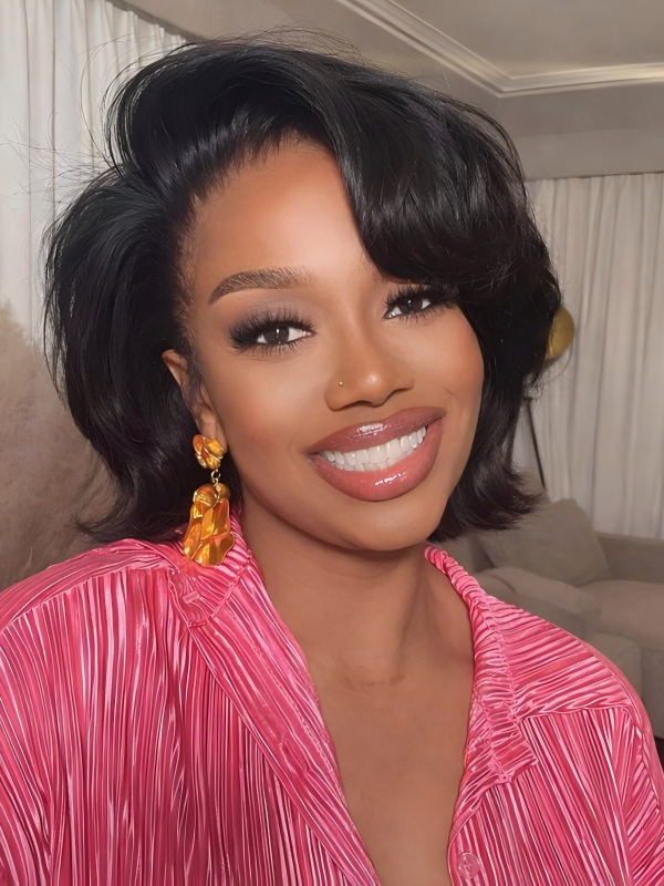 Pre Cut Lace Glueless Pixie Cut Silky Straight Natural Black Short Human Hair 8 Inch Bob Wig