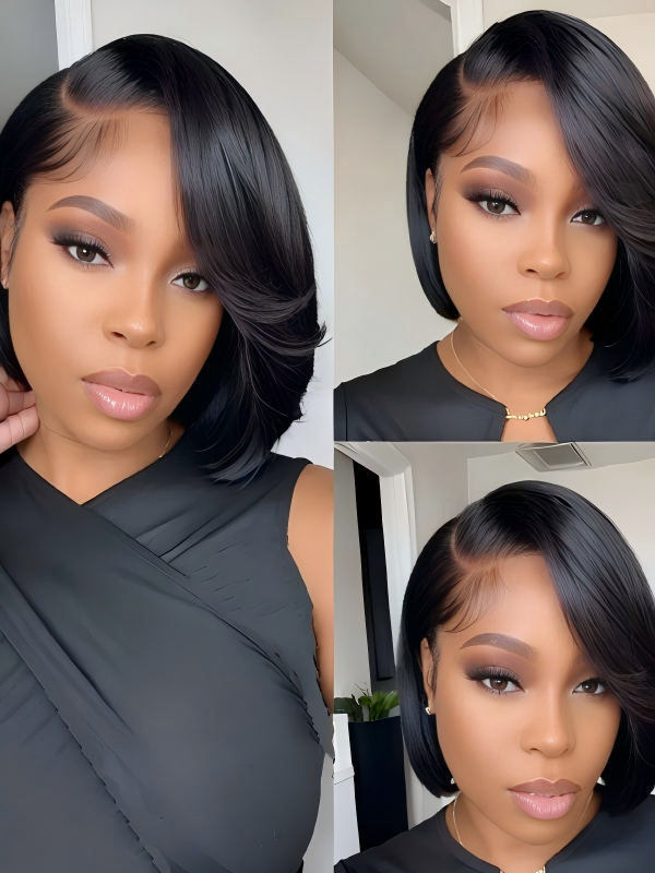 Pre Cut Lace Glueless Pixie Cut Silky Straight Natural Black Short Human Hair 8 Inch Bob Wig