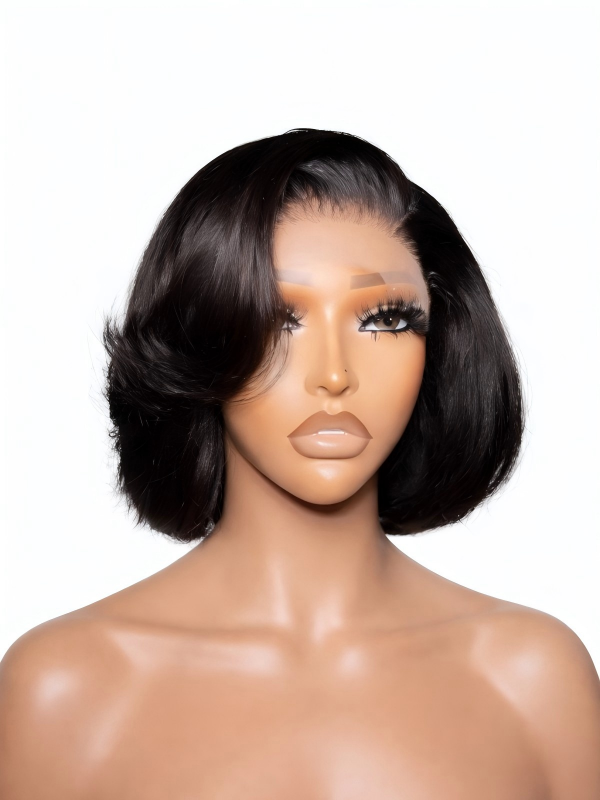 Pre Cut Lace Glueless Pixie Cut Silky Straight Natural Black Short Human Hair 8 Inch Bob Wig