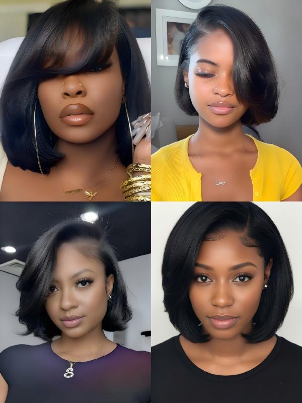 Pre Cut Lace Glueless Pixie Cut Silky Straight Natural Black Short Human Hair 8 Inch Bob Wig