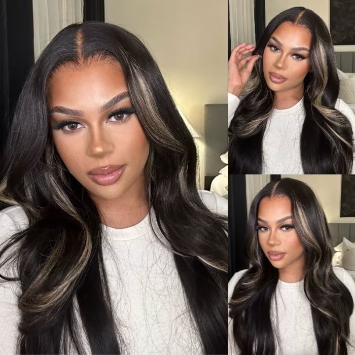 Wear & Go | Peekabo Highlight Wig Black Hair with Blonde Highlights Lace Wig Dome Cap Wigs