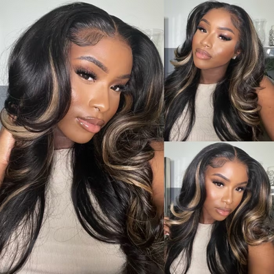 Wear & Go | Peekabo Highlight Wig Black Hair with Blonde Highlights Lace Wig Dome Cap Wigs