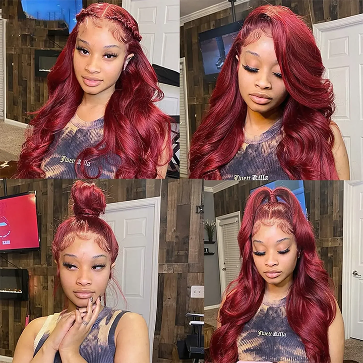 Flash Sale | bigekane Recommend 99J Burgundy 13x6 Body Wave Wig 16-34 Inches Transparent Lace Front Human Hair Wig