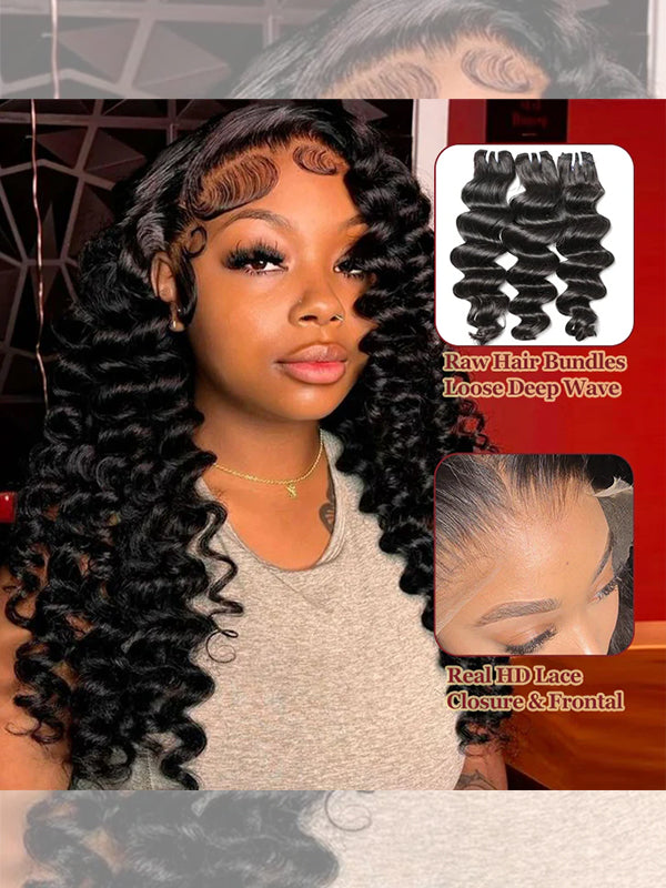 Raw Hair | Loose Deep Wave Bundles Deal 100% Raw Virgin Human Hair With HD Closure & Frontal