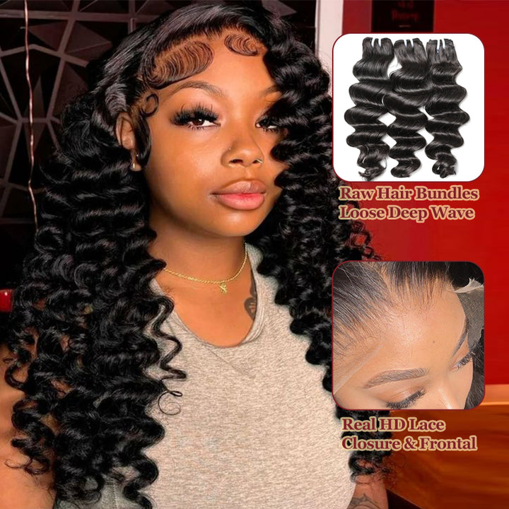 Raw Hair | Loose Deep Wave Bundles Deal 100% Raw Virgin Human Hair With HD Closure & Frontal