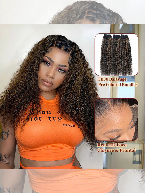 Raw Hair | Afro Curly Wave Bundles Deal Colored FB30 100% Raw Virgin Human Hair With HD Closure & Frontal