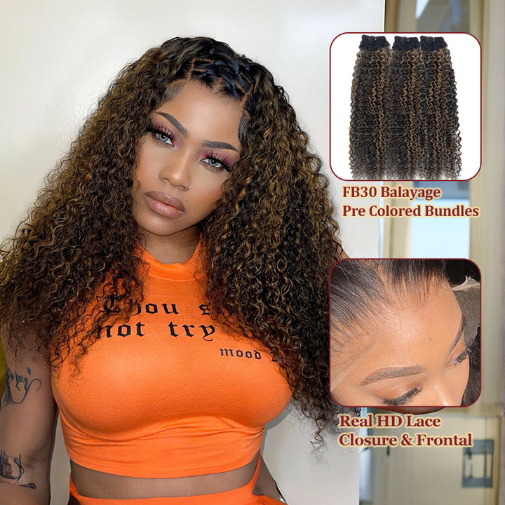 Raw Hair | Afro Curly Wave Bundles Deal Colored FB30 100% Raw Virgin Human Hair With HD Closure & Frontal