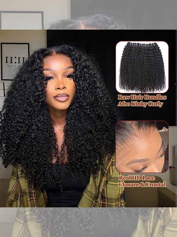 Raw Hair | Afro Curly Wave Bundles Deal Colored FB30 100% Raw Virgin Human Hair With HD Closure & Frontal