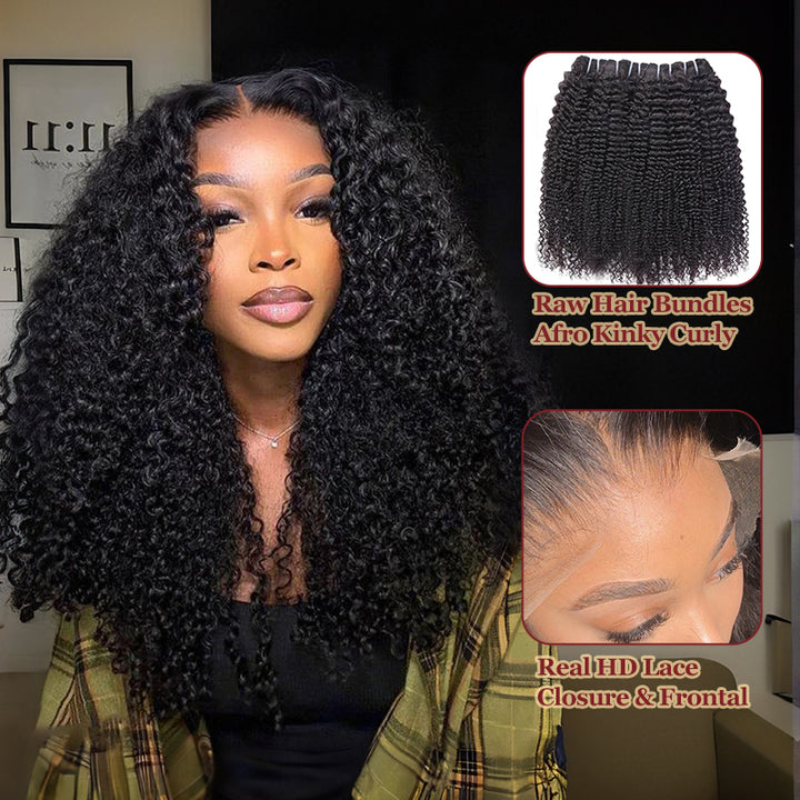 Raw Hair | Afro Curly Wave Bundles Deal Colored FB30 100% Raw Virgin Human Hair With HD Closure & Frontal