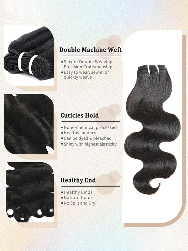 Cheveux bruts | Offre groupée Body Wave : 100 % cheveux humains vierges bruts avec fermeture HD et frontal 